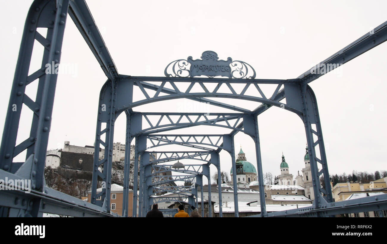 Mozart bridge in Salzburg during winter, birth city of Mozart, genius