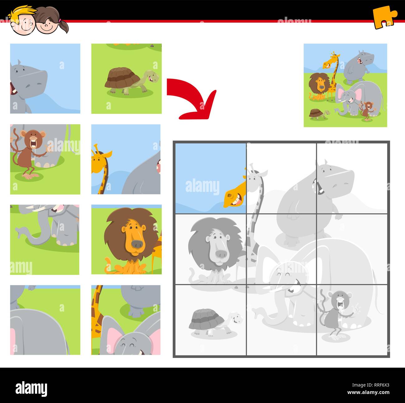 Cartoon Illustration of Educational Jigsaw Puzzle Game for Children ...
