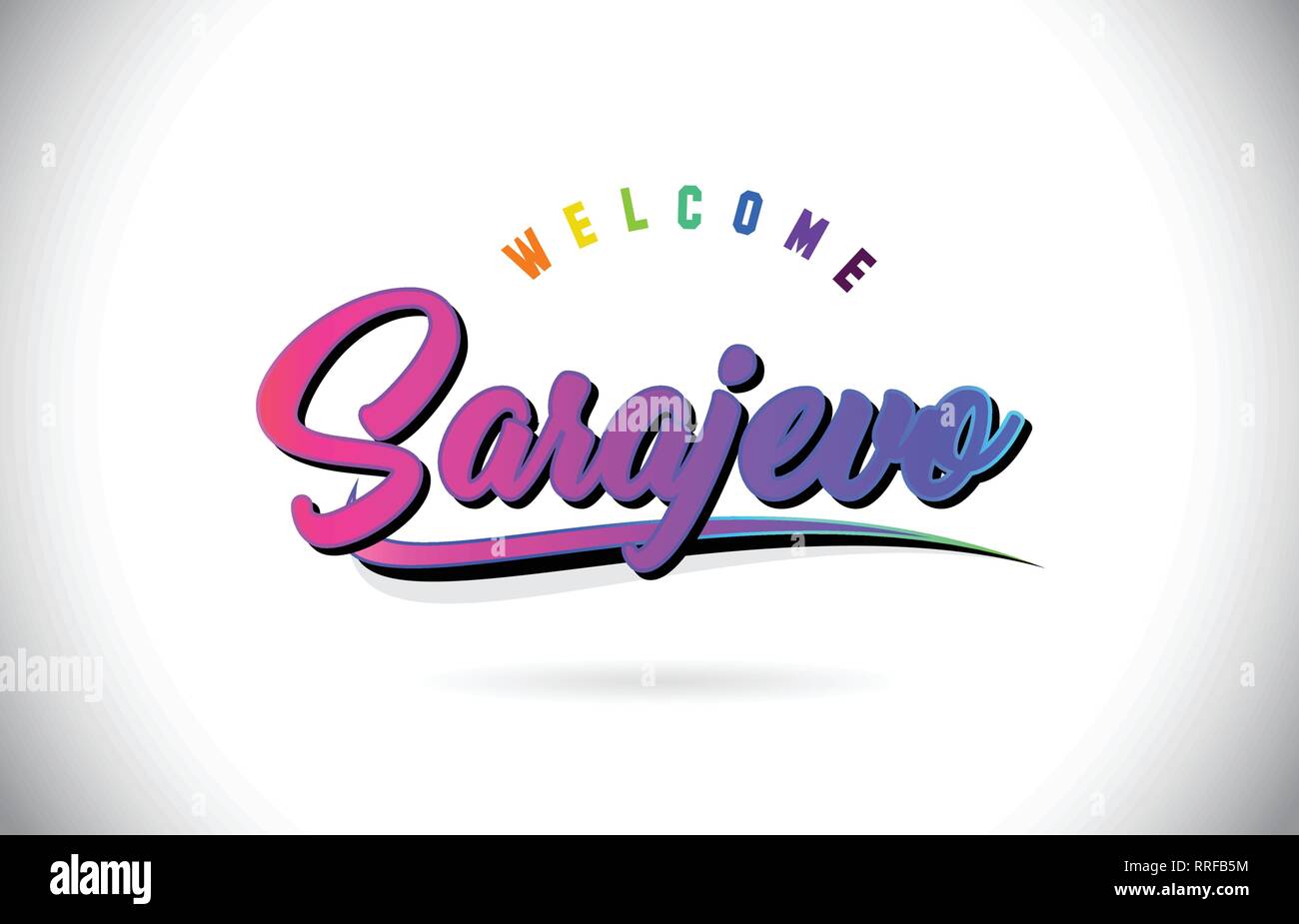 Sarajevo Welcome To Word Text with Creative Purple Pink Handwritten Font and Swoosh Shape Design Vector Illustration. Stock Vector