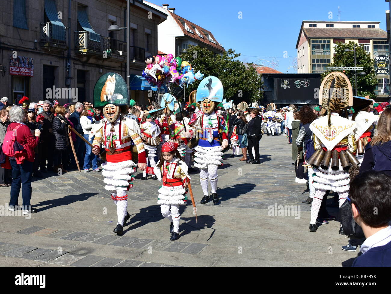 Famous Carnival and street parade at Verin with cigarrons costumes. Ourense Province, Galicia, Spain. 24 Feb 2019, first day of celebrations. Stock Photo