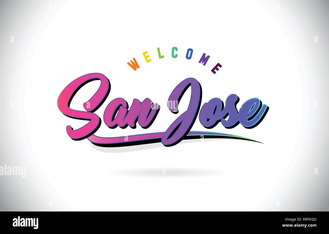 San Jose Welcome To Word Text with Creative Purple Pink Handwritten Font and Swoosh Shape Design Vector Illustration. Stock Vector