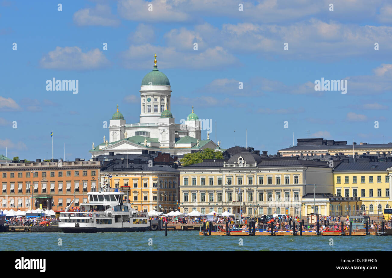 Market Square (Kauppatori) and South Harbor on background of Evangelical Lutheran cathedral of Diocese Stock Photo