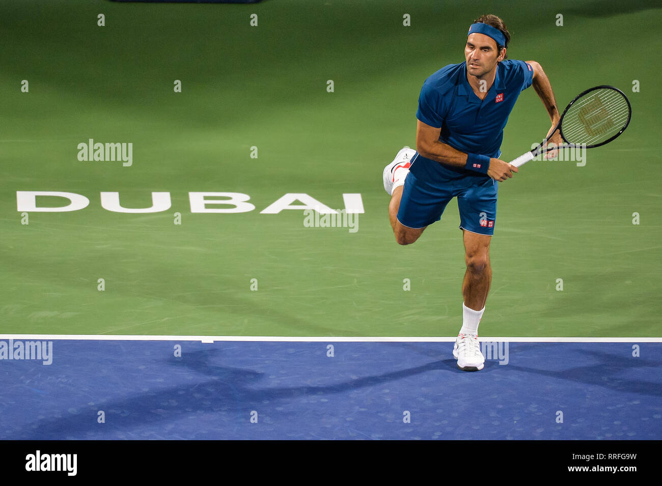Dubai, UAE. 25th February 2019. Former World no. 1 Roger Federer of  Switzerland on his way to victory against Philipp Kohlschreiber at the 2019  Dubai Duty Free Tennis Championships 2019. A 7