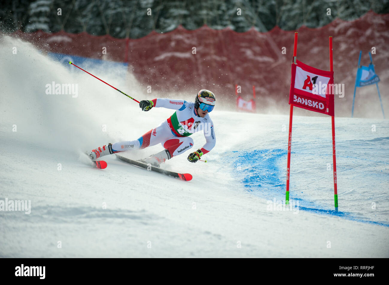 Bansko, Bulgaria. 24th Feb 2019. Loic Meillard (SUI) competing in Audi FIS  Alpine Ski World Cup