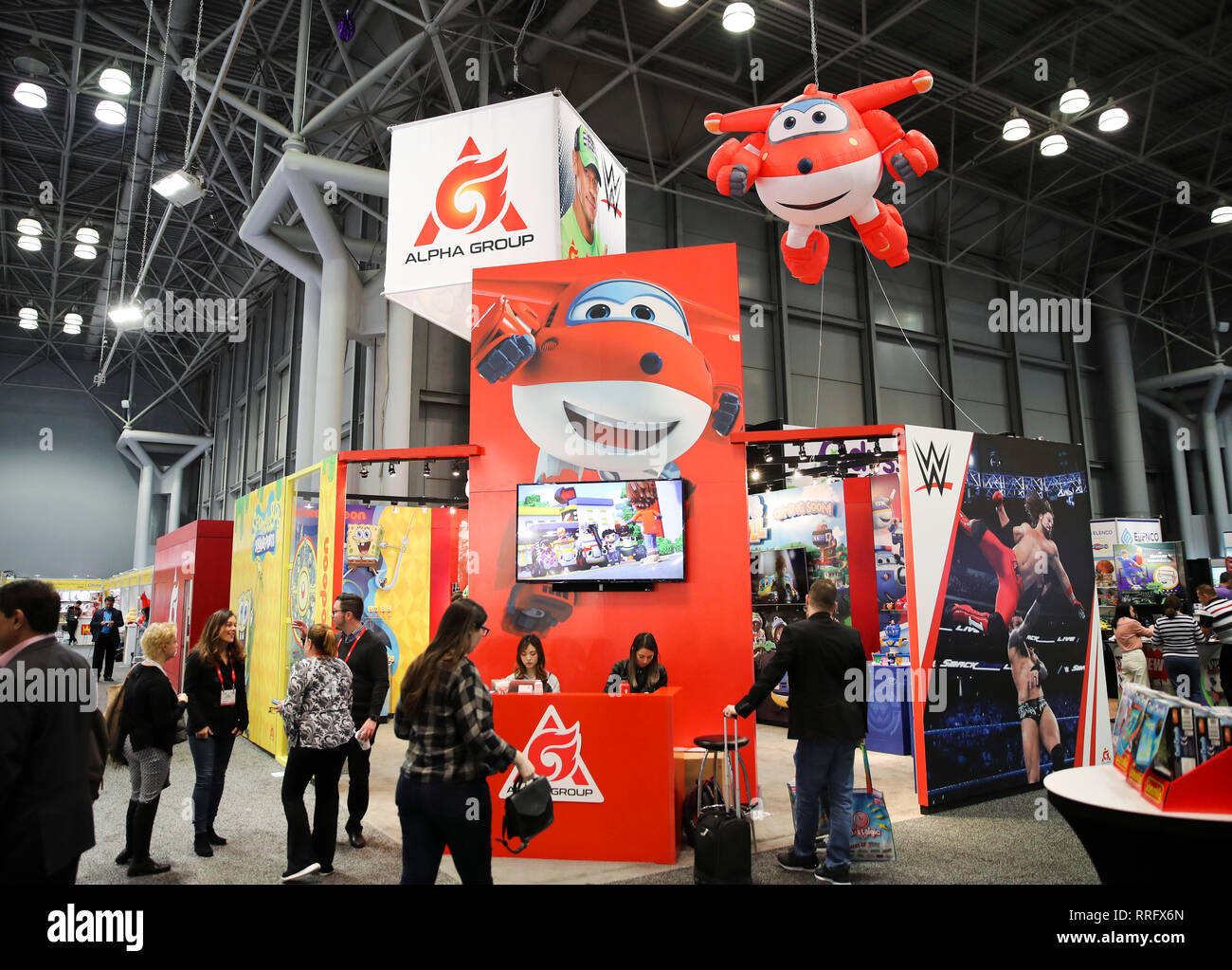 (190226) -- BEIJING, Feb. 26, 2019 (Xinhua) -- Cartoon character of Super Wings is seen at the booth of Alpha Group Co., Ltd., a major animation, toy and entertainment player from south China's Guangdong Province, during the 116th Annual North American International Toy Fair at the Jacob K. Javits Convention Center in New York, the United States, on Feb. 19, 2019. (Xinhua/Wang Ying) Stock Photo