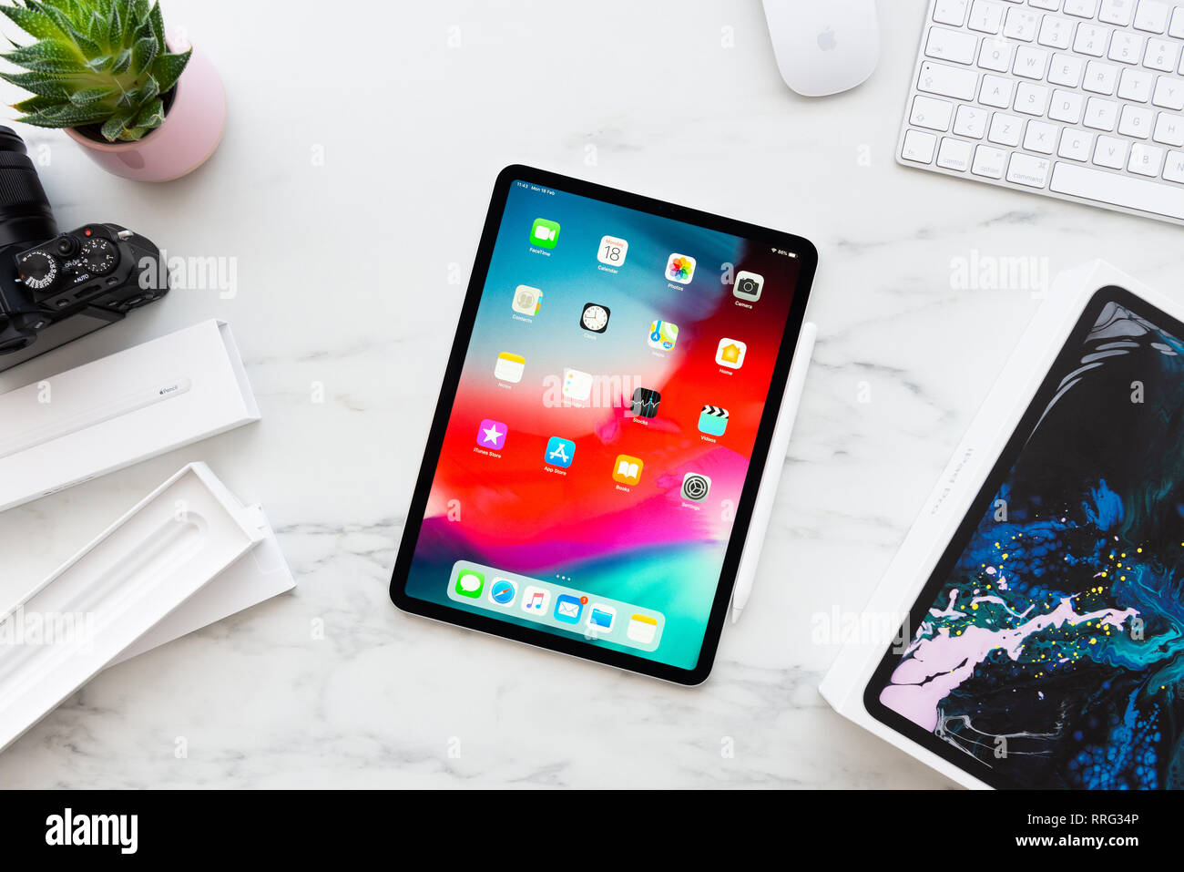 ZAGREB, CROATIA - FEBRUARY 18, 2019: Apple iPad Pro 11 inch with Apple Pencil 2 on white marble background. Newly opened iPad Pro 11 inch and Apple Pe Stock Photo