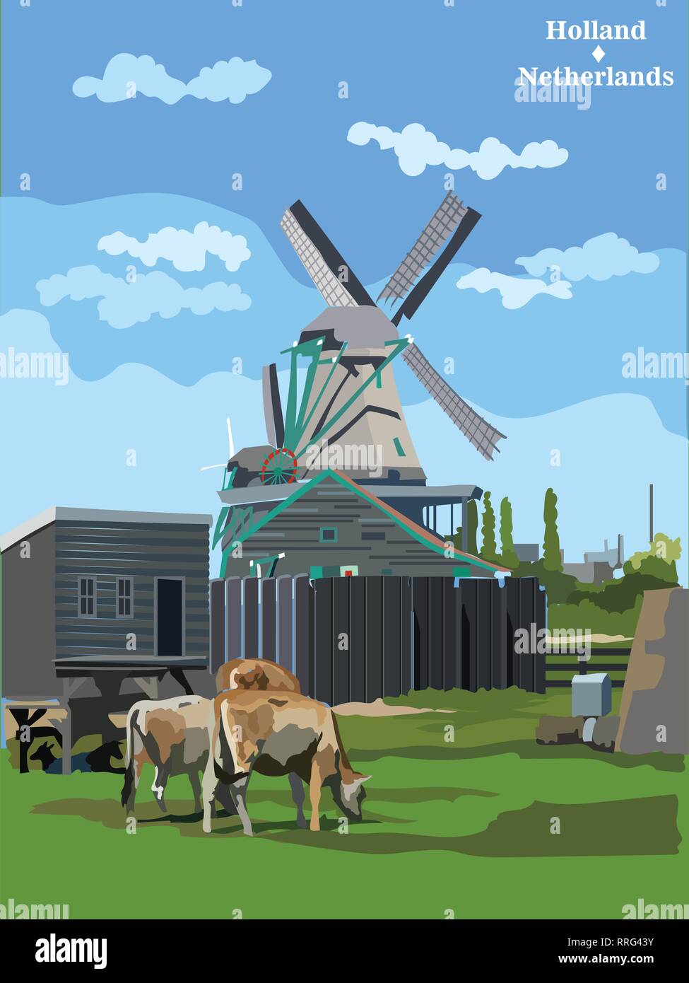 Vector colorful Illustration of watermill in Amsterdam (Netherlands, Holland). Landmark of Holland. Watermill and cows grazing on the meadow.Colorful  Stock Vector