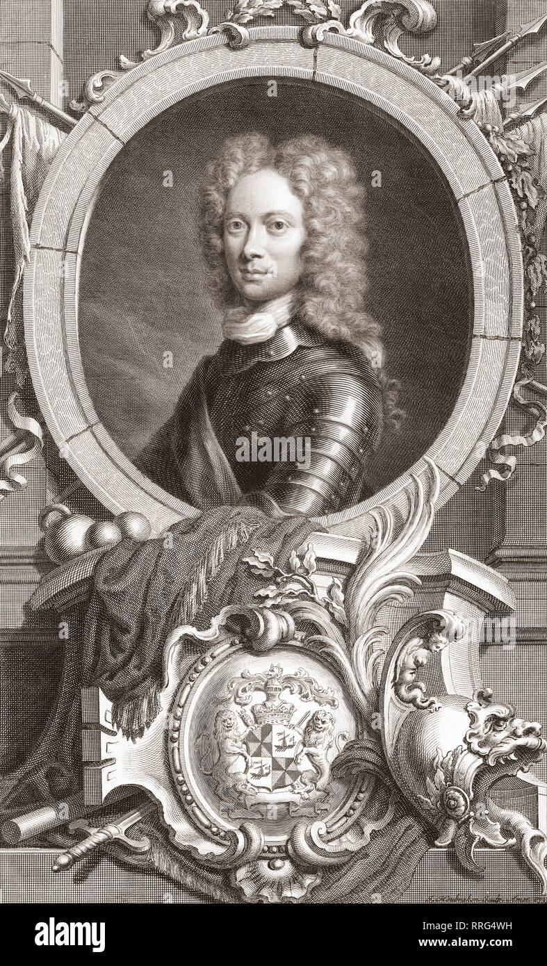 John Campbell, 2nd Duke of Argyll, 1st Duke of Greenwich, 1680 – 1743.  Scottish nobleman.  Field Marshal in the British Army.  Styled Lord Lorne from 1680 to 1703.  From the 1813 edition of The Heads of Illustrious Persons of Great Britain, Engraved by Mr. Houbraken and Mr. Vertue With Their Lives and Characters. Stock Photo