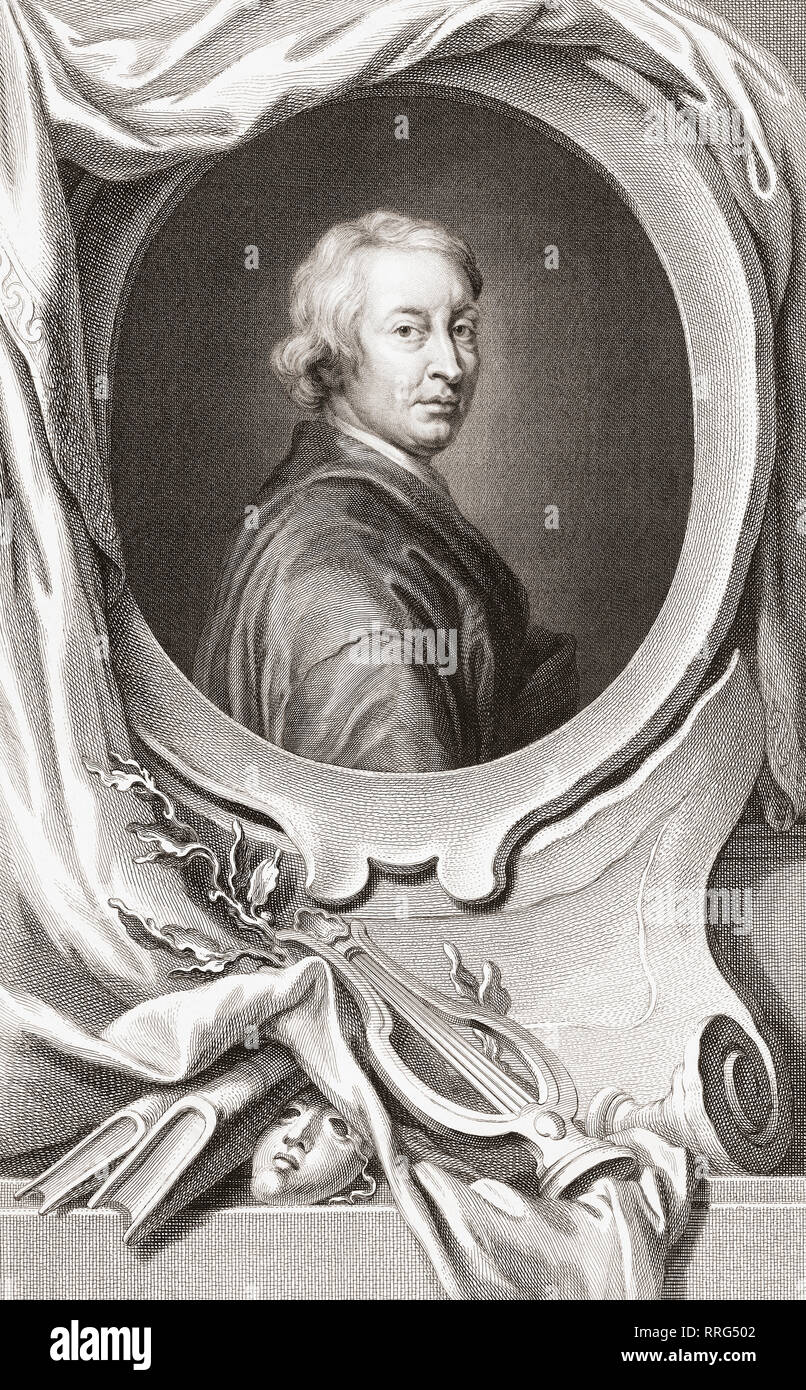 John Dryden, 1631 - 1700. English poet, dramatist and literary critic.  From the 1813 edition of The Heads of Illustrious Persons of Great Britain, Engraved by Mr. Houbraken and Mr. Vertue With Their Lives and Characters. Stock Photo