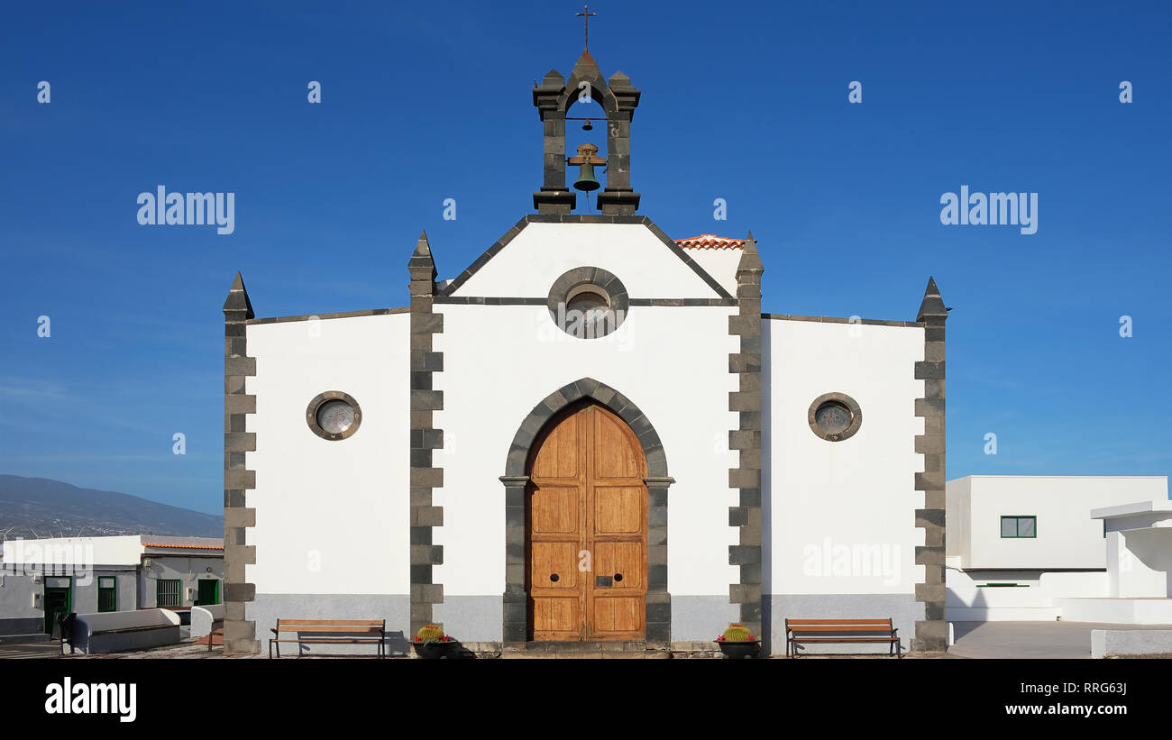 Frontal view of the Ermita de Nuestra Senora de Las Mercedes, beautiful white church in the very small and remote village of Poris de Abona, Tenerife Stock Photo