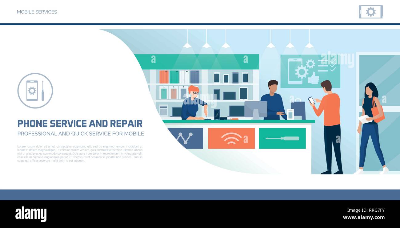 Happy customers shopping in a phone repair store and shop assistants working, a woman is fixing a phone using a screwdriver, electronics and communica Stock Vector