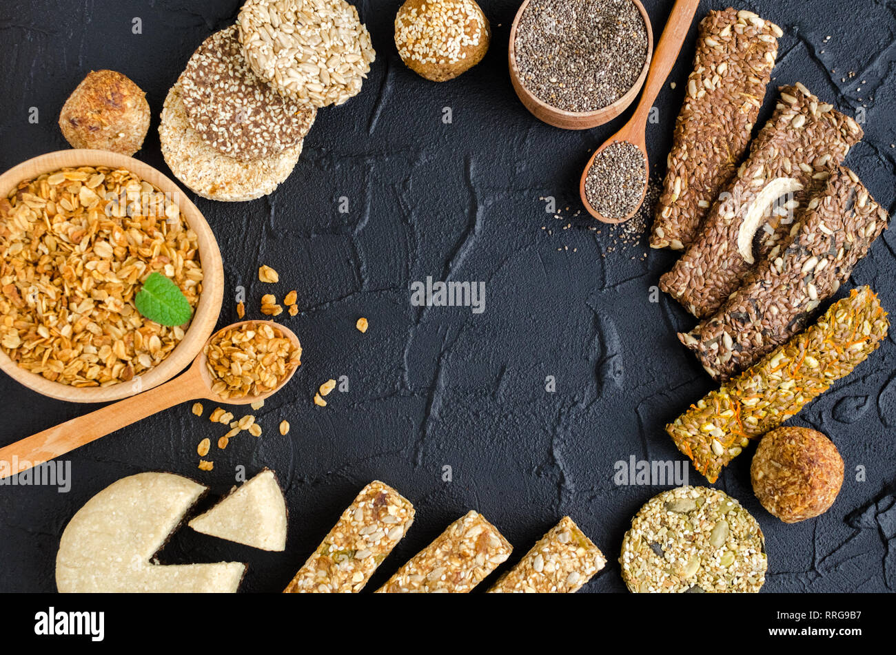 Healthy snacks. Fitness dietary food. Sesame halva. Flakes, chia seeds