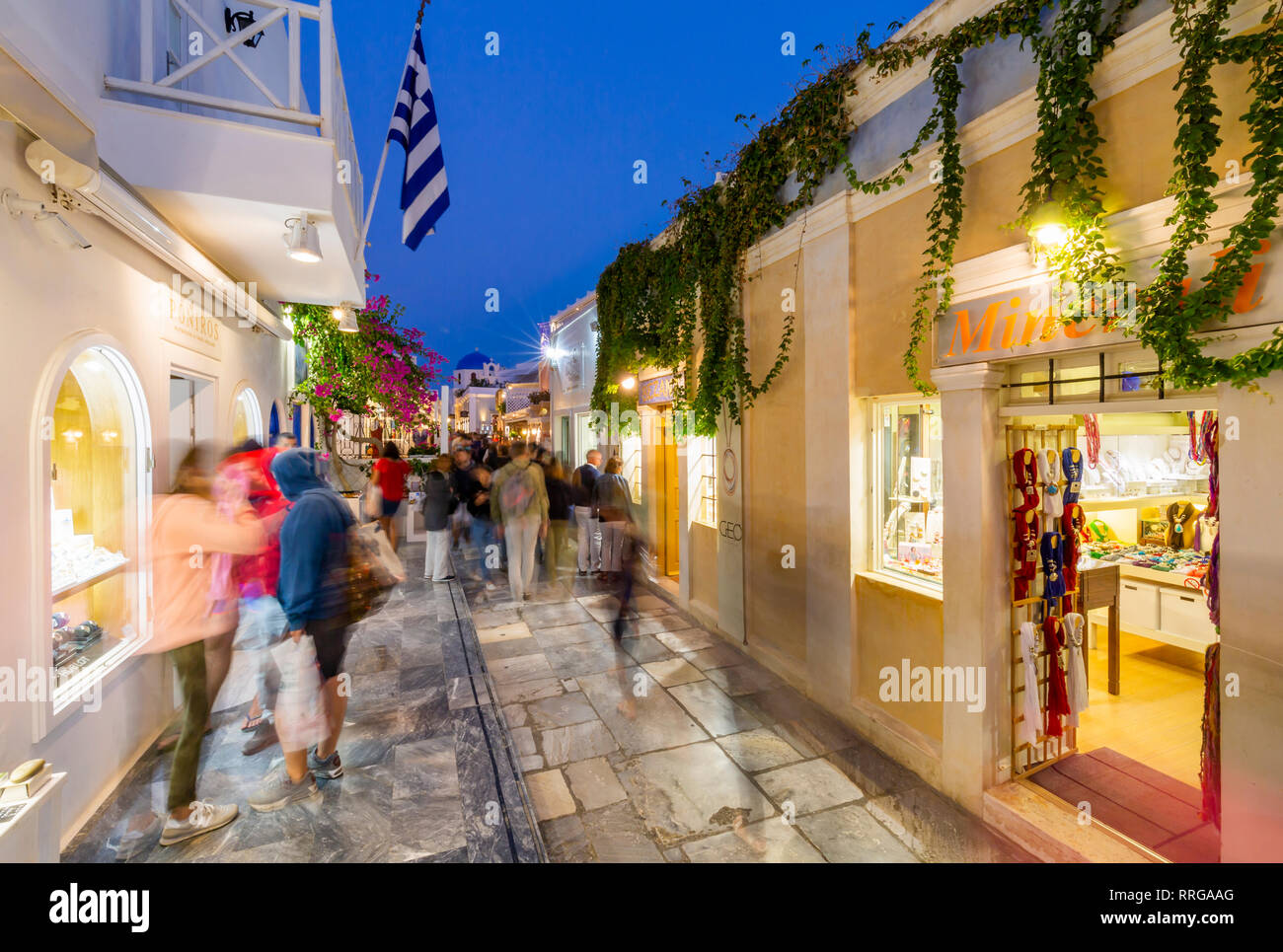 View of Oia village street at dusk, Santorini, Cyclades, Aegean Islands, Greek Islands, Greece, Europe Stock Photo