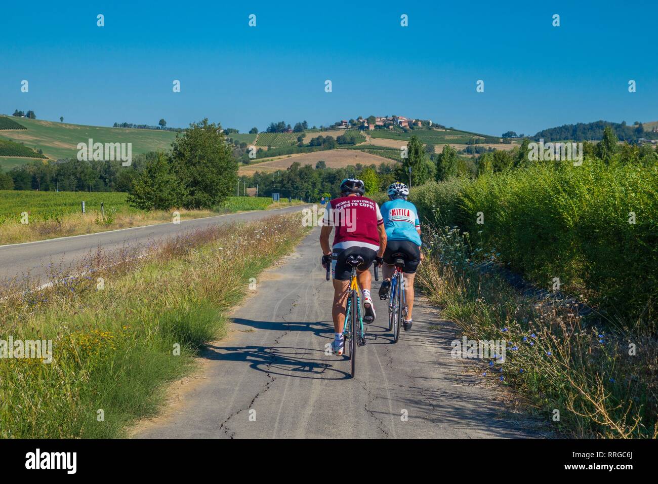 On the Fausto Coppi's roads, the cycling road from Villaromagnano to Castellania, Tortona area, Alessandria, Piedmont, Italy, Europe Stock Photo