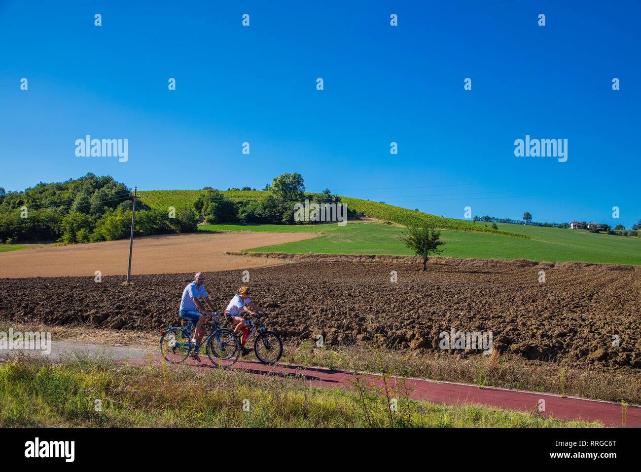 On the Fausto Coppi's roads, the cycling route from Villaromagnano to Castellania, Tortona area, Alessandria, Piedmont, Italy, Europe Stock Photo
