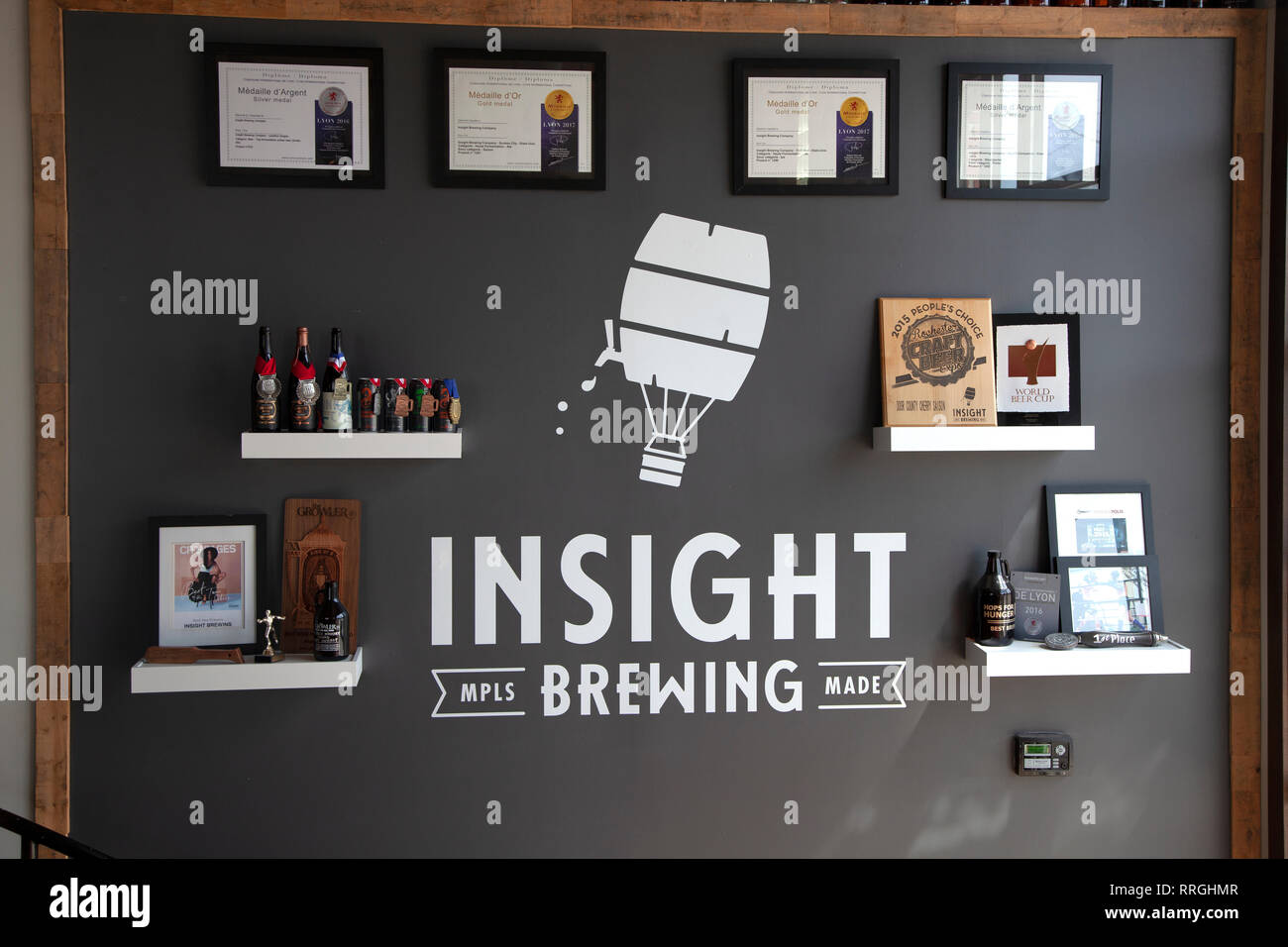 Board displaying awards and honors in the Insight Brewing Company taproom. Minneapolis Minnesota MN USA Stock Photo
