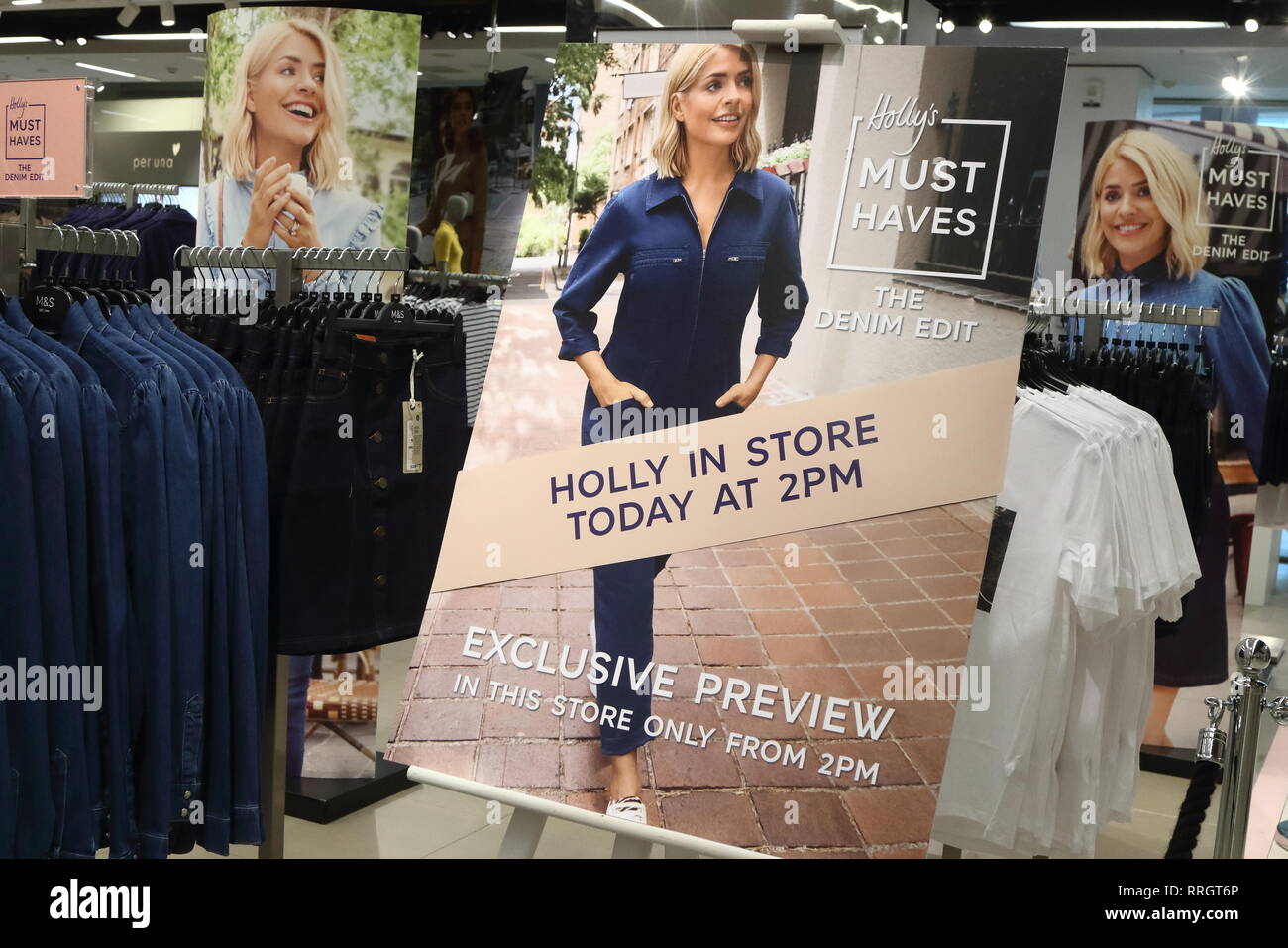 Holly Willoughby, ITV's This Morning presenter hosts press launch and exclusive preview at the Marks & Spencer, Westfield London.  Holly celebrates her new M&S Must-Haves collection by wearing some of the denim range of clothes Stock Photo