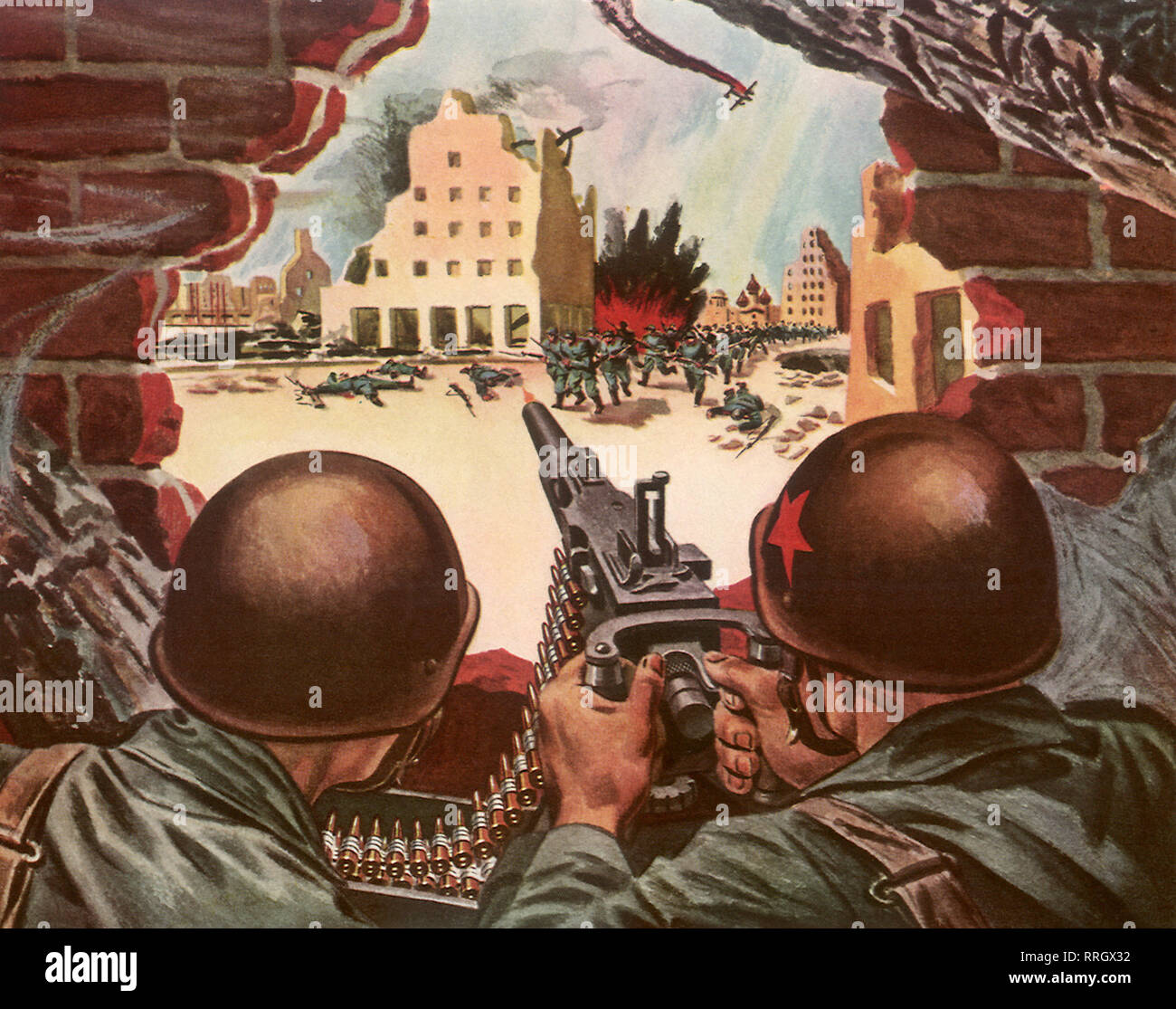 Russian Soldiers Gun Down Nazi Invaders in Stalingrad. Stock Photo