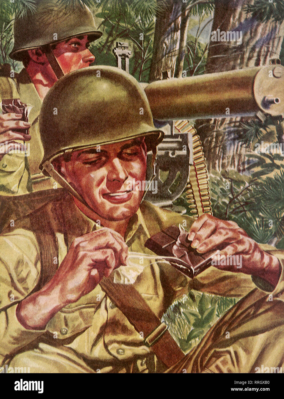 World War II Soldier unwraps Chocolate. Stock Photo