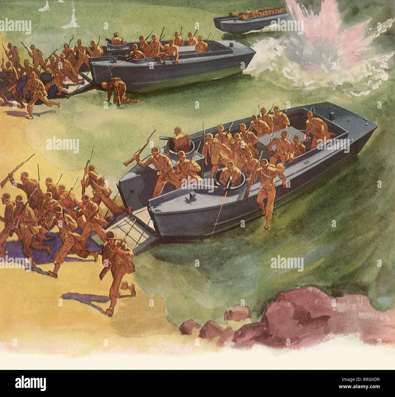 Marines leaving Invasion Boats. Stock Photo