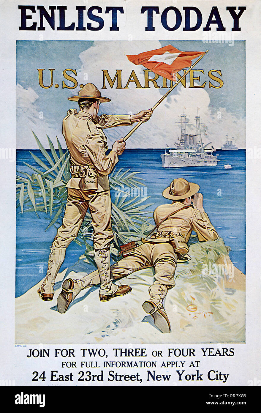 Two marines on coast signal battleship with flag. Stock Photo