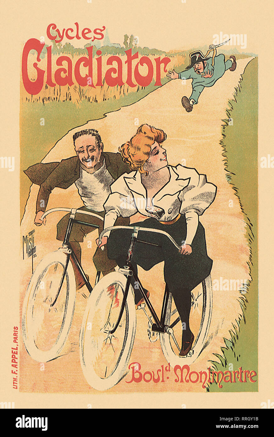 Poster with Couple on Bicycles. Stock Photo