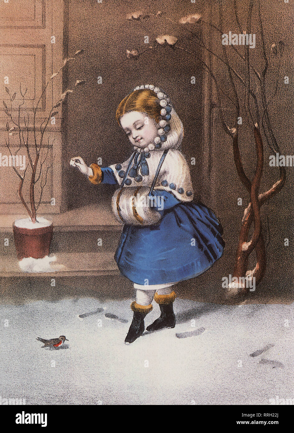 Girl with Bird in the Snow. Stock Photo