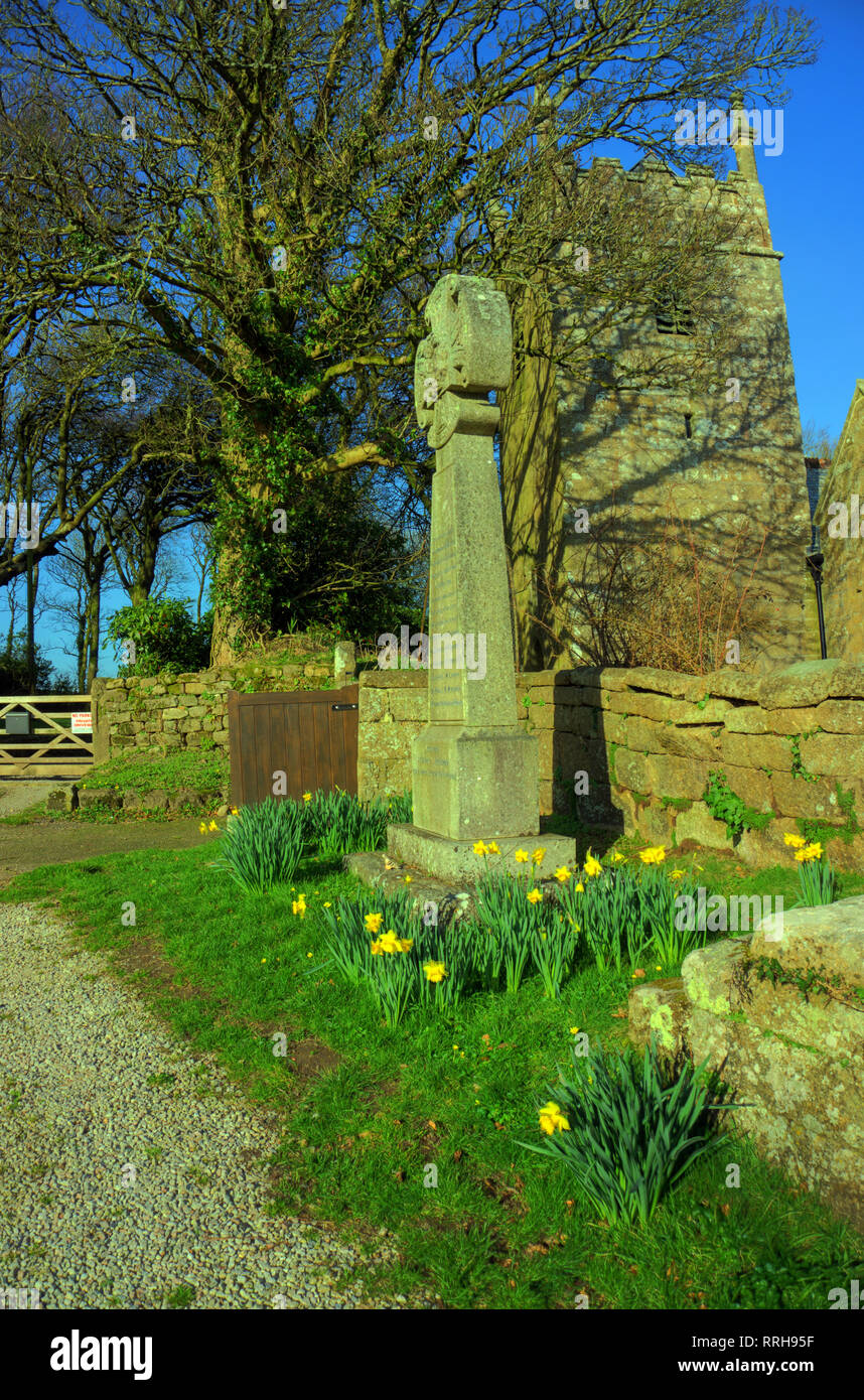 Sancreed War Memorial and Church, Sancreed Village, West Cornwall UK Stock Photo