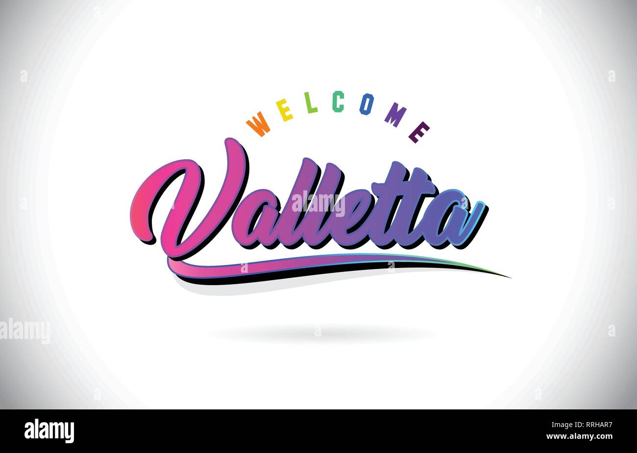 Valletta Welcome To Word Text with Creative Purple Pink Handwritten Font and Swoosh Shape Design Vector Illustration. Stock Vector