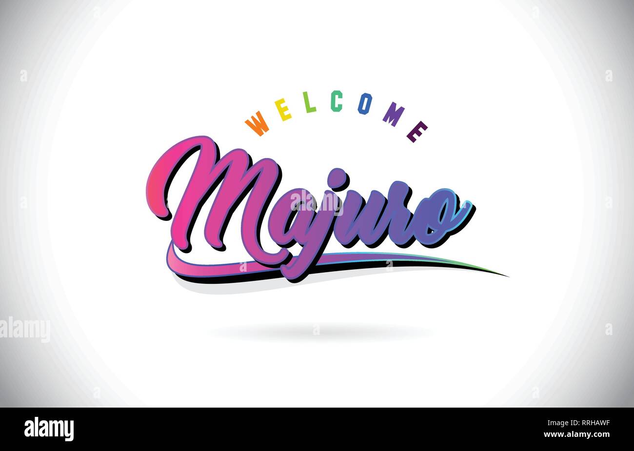 Majuro Welcome To Word Text with Creative Purple Pink Handwritten Font and Swoosh Shape Design Vector Illustration. Stock Vector