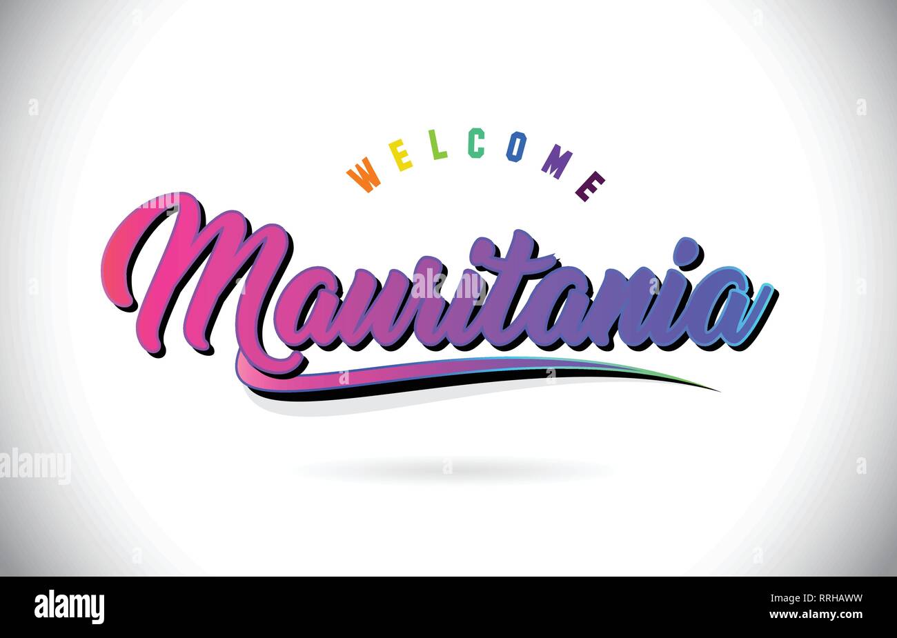 Mauritania Welcome To Word Text with Creative Purple Pink Handwritten Font and Swoosh Shape Design Vector Illustration. Stock Vector