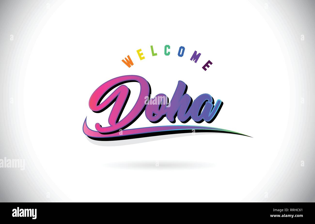 Doha Welcome To Word Text with Creative Purple Pink Handwritten Font and Swoosh Shape Design Vector Illustration. Stock Vector