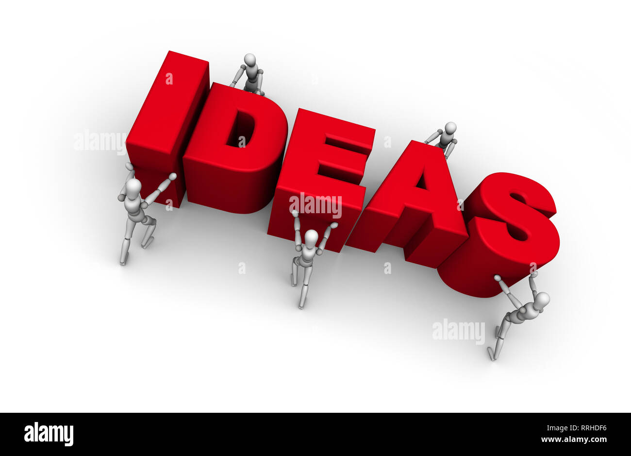 3D illustration of mannequins pushing red letters together to spell