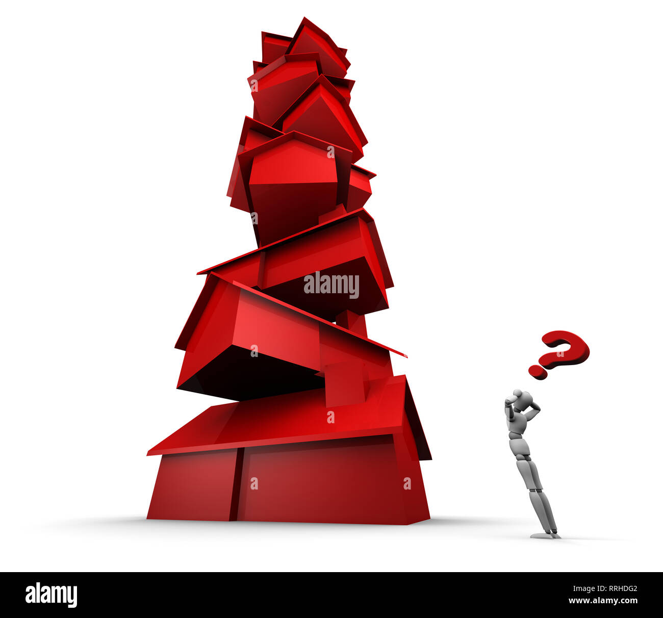 Super high resolution 3D illustration of mannequin staring at tall stack of red houses with question mark overhead. Stock Photo