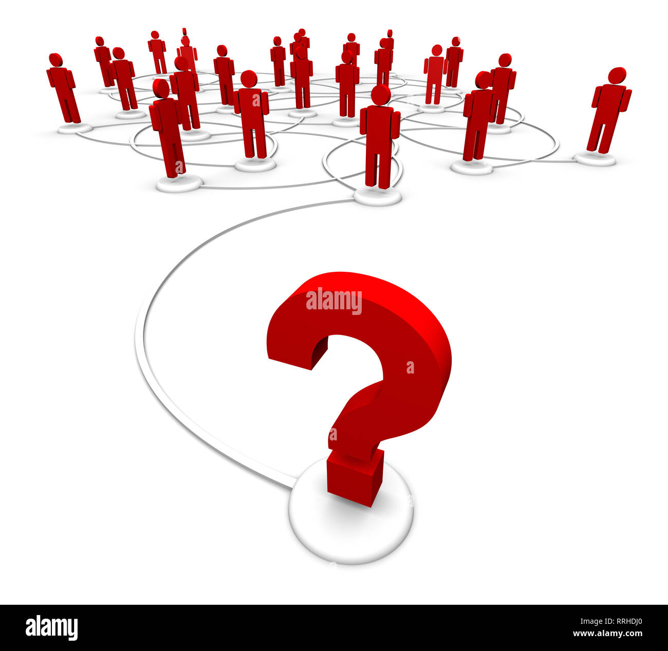 High resolution 3D illustration of question mark linked to a network of