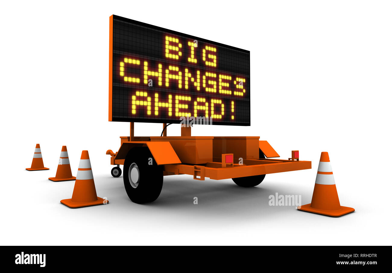 High resolution 3D render of construction sign message board and cones