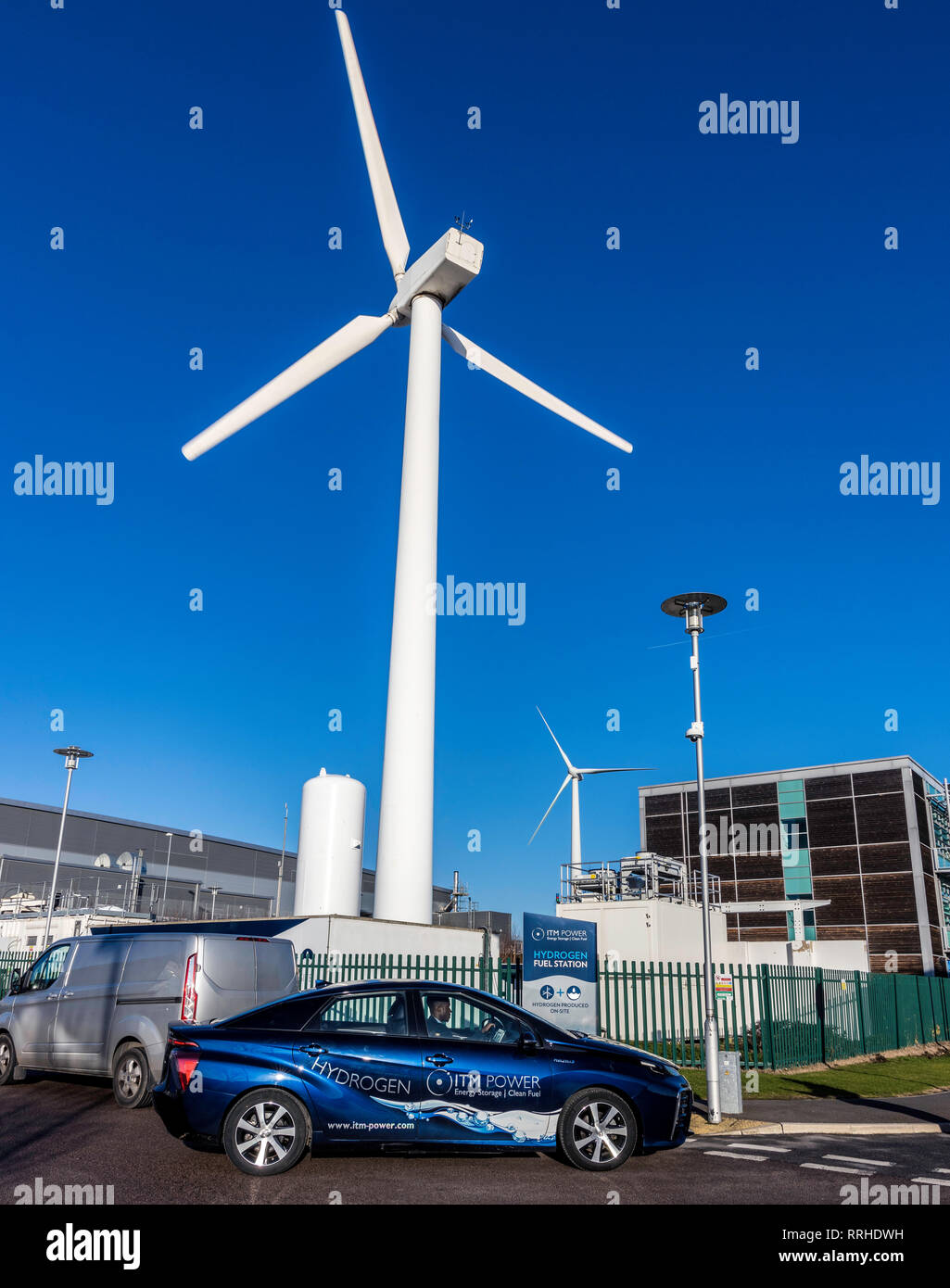 Hydrogen fuelled car outside the  ITM Power: Wind Hydrogen Station at Sheffield UK Stock Photo