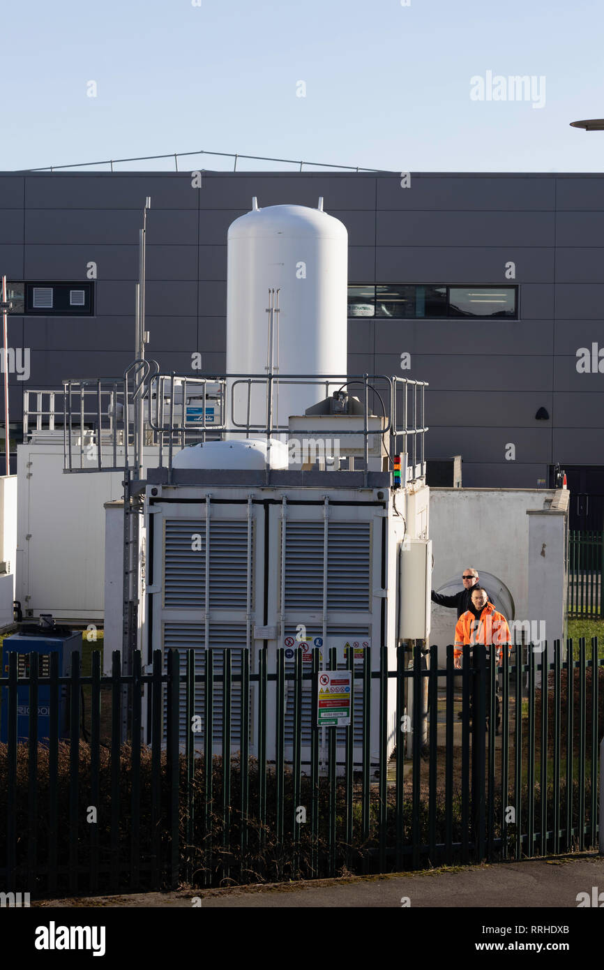 Maintenance at Hydrogen plant where hydrogen gas is generated on-site using water and excess wind electricity via electrolysers manufactured by ITM Stock Photo