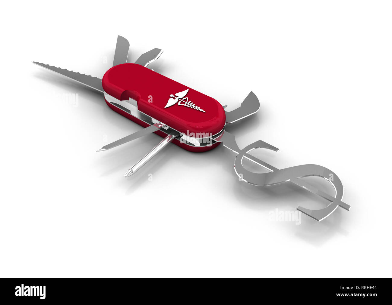 Multipurpose utility knife with metal dollar symbol and other various tools. High resolution 3D