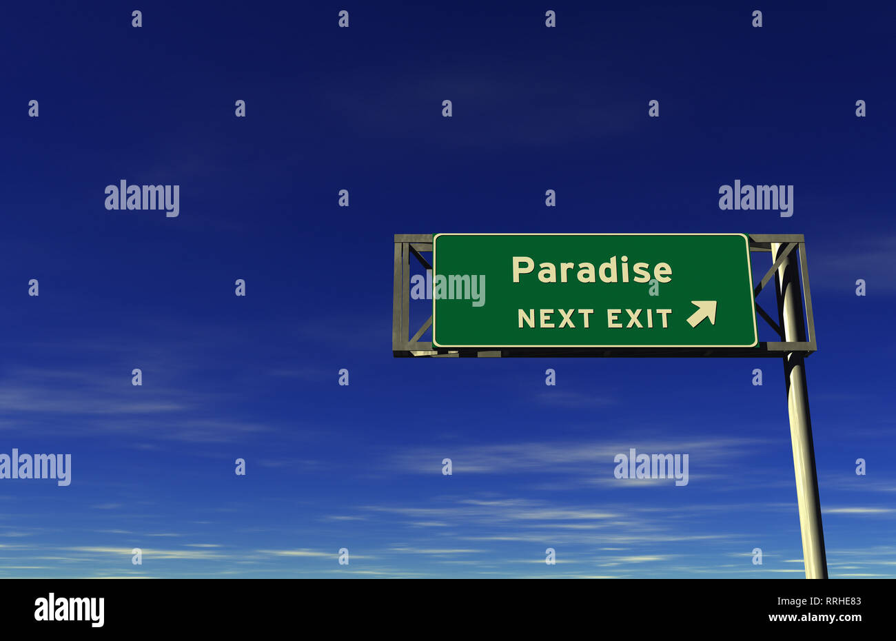 Super high resolution 3D render of freeway sign, next exit... Paradise! Stock Photo