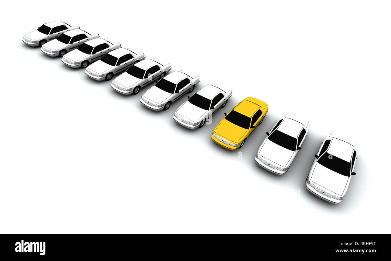 Ten generic cars. The mystery 'lemon' car is yellow. DOF, focus is on yellow car. 3D illustration isolated on white background. Stock Photo