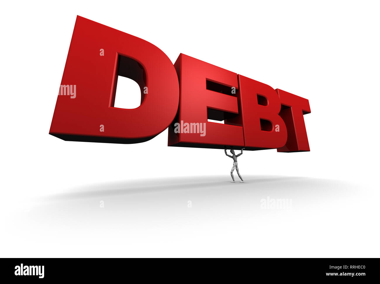 3D render of mannequin lifing the word DEBT Stock Photo - Alamy