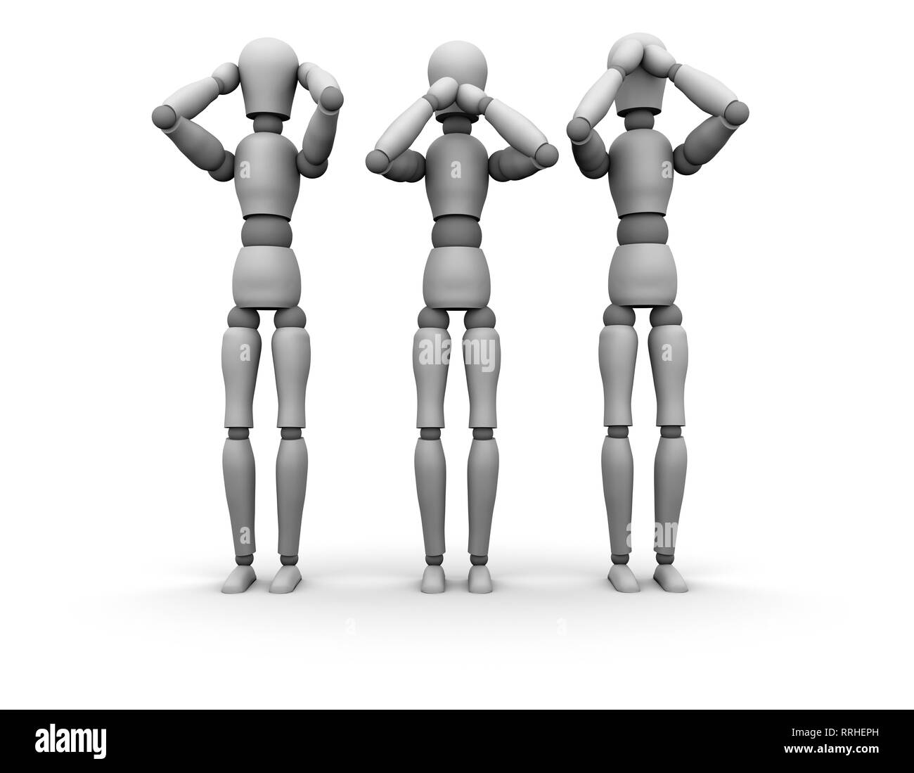 Three high resolution 3D mannequins doing the famous 'hear no evil, speak no evil, see no evil' poses. Isolated on white background. Stock Photo