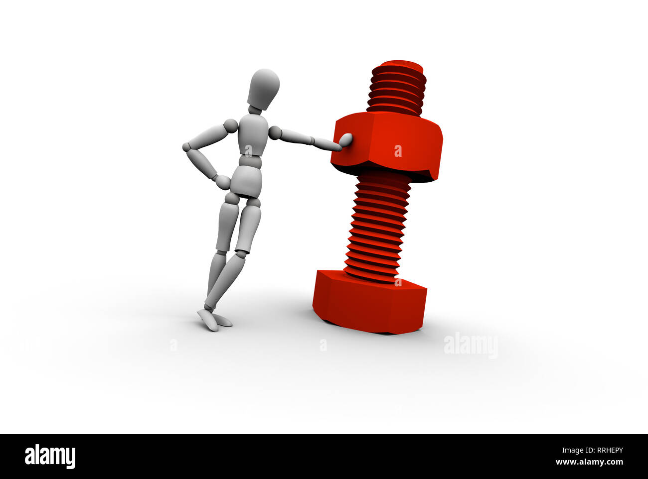 3D mannequin leaning against red nut and bolt. 3D illustration isolated on white background. Stock Photo