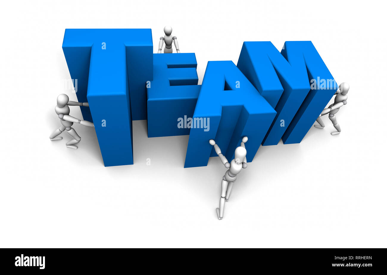 Alternate angle and color of the infamous 3D mannequin team pushing together letters to form the Word TEAM in blue. Stock Photo