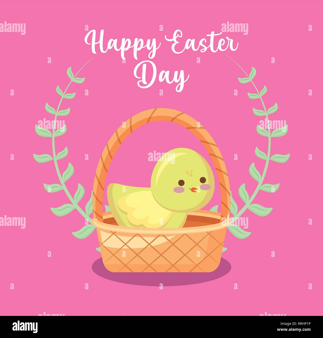 happy easter day card with cute chicken and basket wicker vector ...