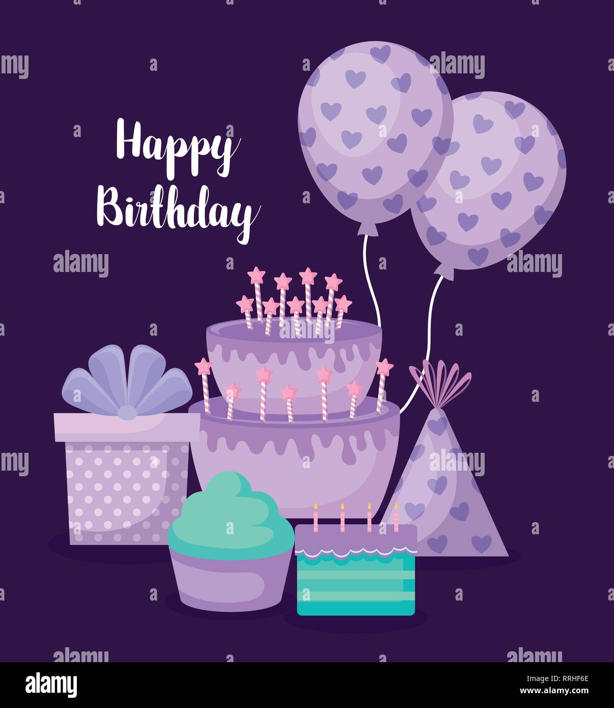 happy birthday card with sweet cake and set icons vector illustration ...