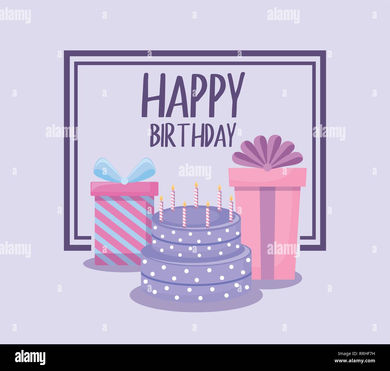 happy birthday card with sweet cake and gift boxes vector illustration ...