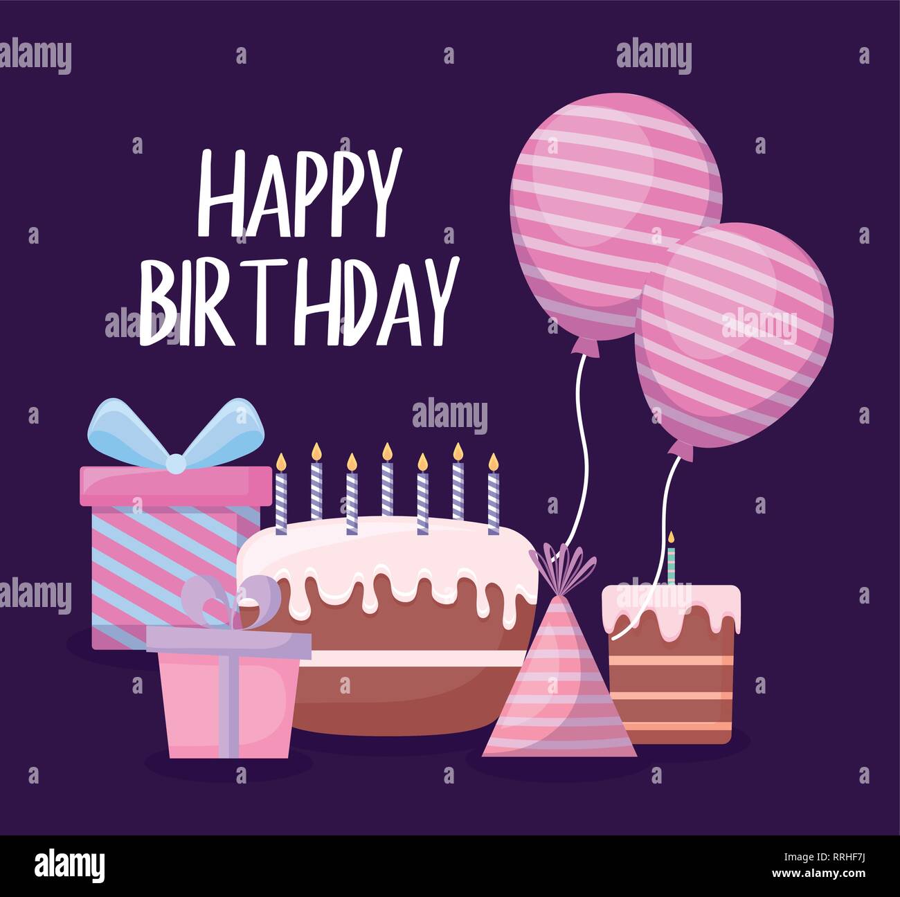 happy birthday card with sweet cake and set icons vector illustration ...