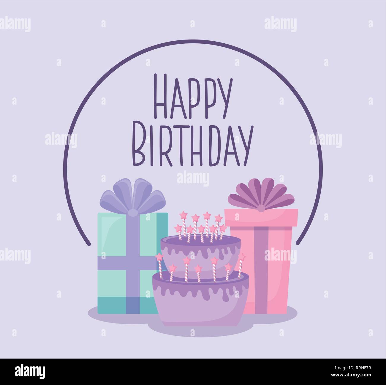 happy birthday card with sweet cake and gift boxes vector illustration ...